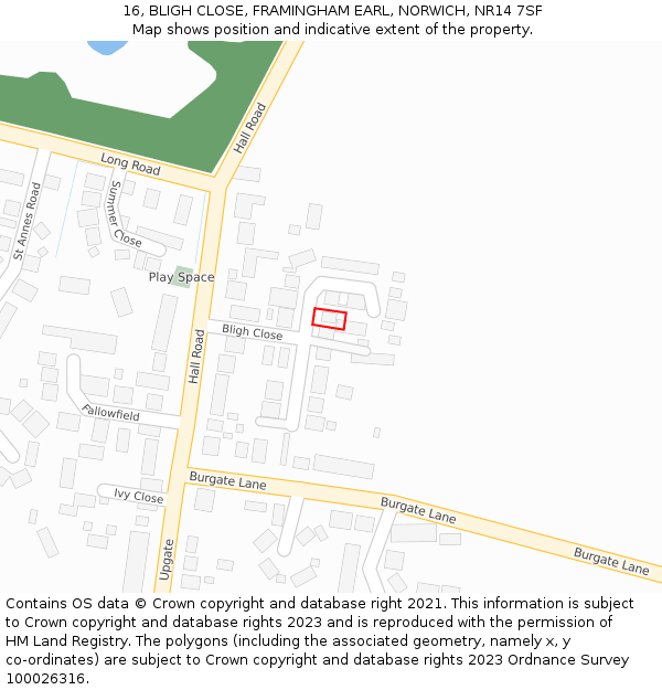 16, BLIGH CLOSE, FRAMINGHAM EARL, NORWICH, NR14 7SF: Location map and indicative extent of plot