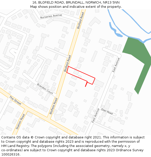 16, BLOFIELD ROAD, BRUNDALL, NORWICH, NR13 5NN: Location map and indicative extent of plot