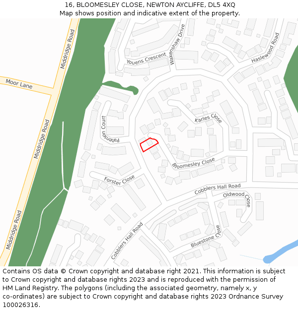 16, BLOOMESLEY CLOSE, NEWTON AYCLIFFE, DL5 4XQ: Location map and indicative extent of plot