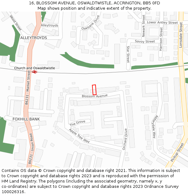 16, BLOSSOM AVENUE, OSWALDTWISTLE, ACCRINGTON, BB5 0FD: Location map and indicative extent of plot