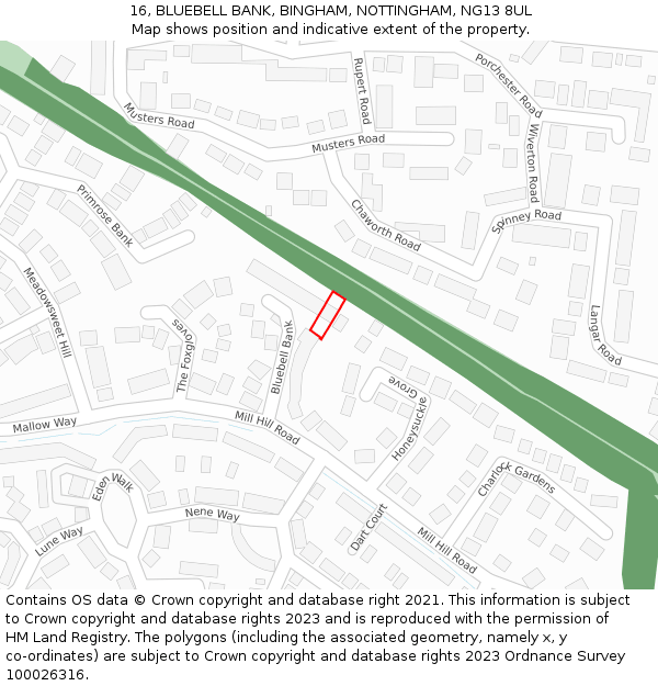 16, BLUEBELL BANK, BINGHAM, NOTTINGHAM, NG13 8UL: Location map and indicative extent of plot