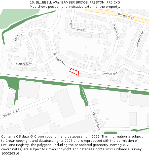 16, BLUEBELL WAY, BAMBER BRIDGE, PRESTON, PR5 6XQ: Location map and indicative extent of plot