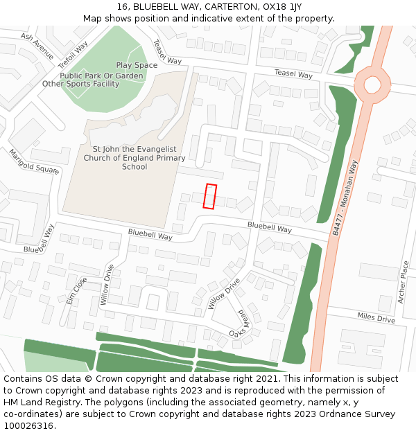 16, BLUEBELL WAY, CARTERTON, OX18 1JY: Location map and indicative extent of plot