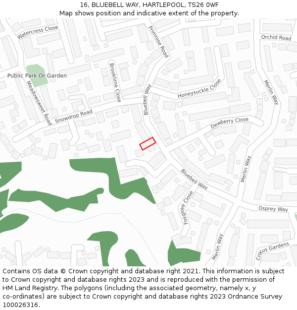 16, BLUEBELL WAY, HARTLEPOOL, TS26 0WF: Location map and indicative extent of plot