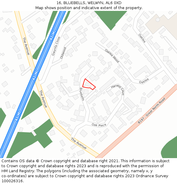 16, BLUEBELLS, WELWYN, AL6 0XD: Location map and indicative extent of plot