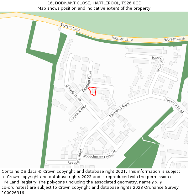 16, BODNANT CLOSE, HARTLEPOOL, TS26 0GD: Location map and indicative extent of plot