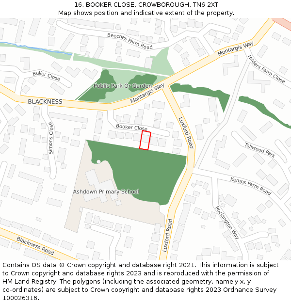 16, BOOKER CLOSE, CROWBOROUGH, TN6 2XT: Location map and indicative extent of plot