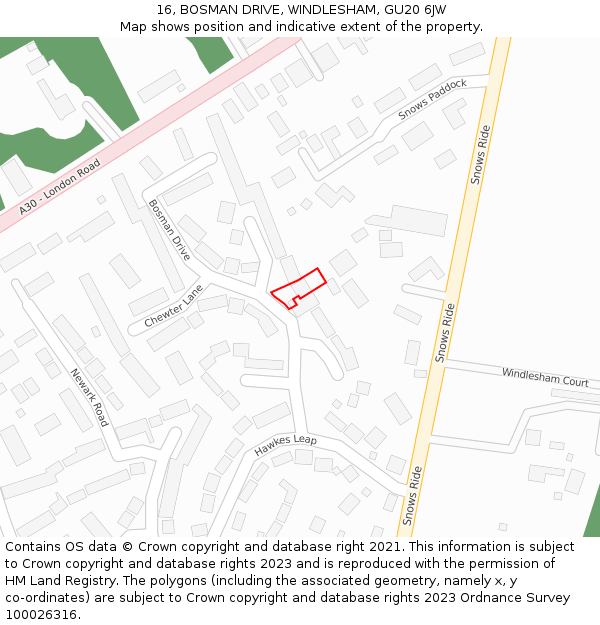 16, BOSMAN DRIVE, WINDLESHAM, GU20 6JW: Location map and indicative extent of plot