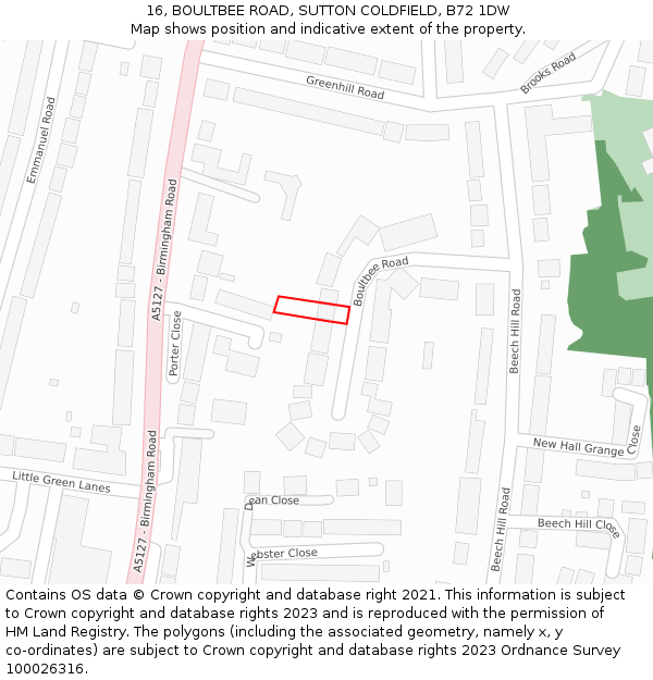 16, BOULTBEE ROAD, SUTTON COLDFIELD, B72 1DW: Location map and indicative extent of plot