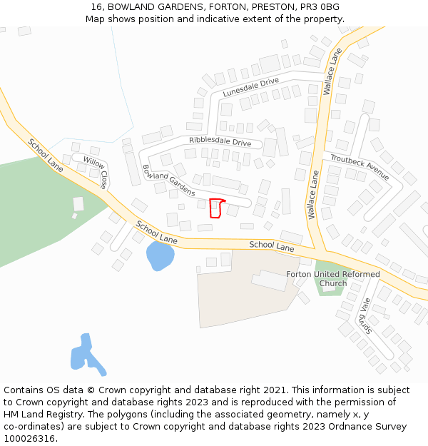 16, BOWLAND GARDENS, FORTON, PRESTON, PR3 0BG: Location map and indicative extent of plot