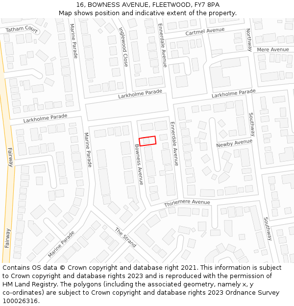 16, BOWNESS AVENUE, FLEETWOOD, FY7 8PA: Location map and indicative extent of plot