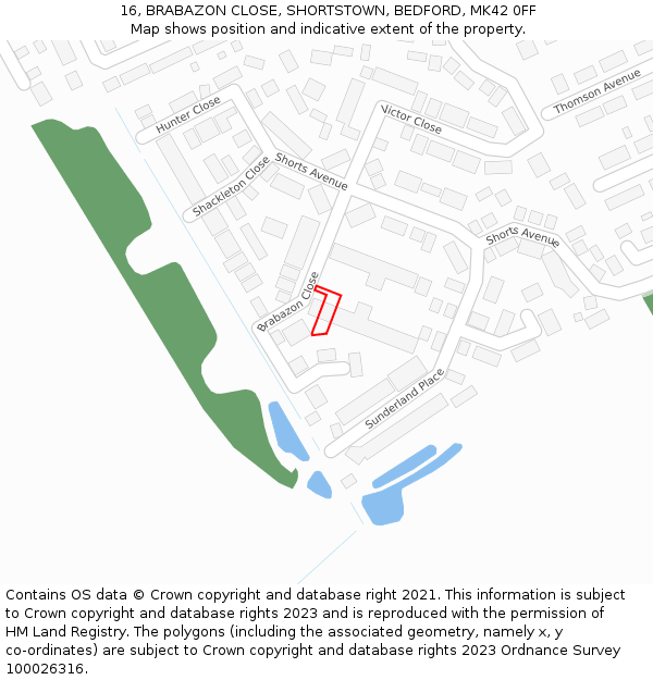16, BRABAZON CLOSE, SHORTSTOWN, BEDFORD, MK42 0FF: Location map and indicative extent of plot