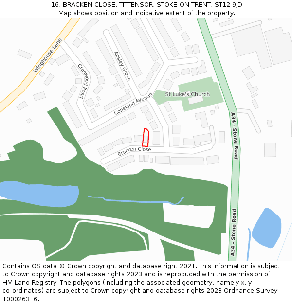 16, BRACKEN CLOSE, TITTENSOR, STOKE-ON-TRENT, ST12 9JD: Location map and indicative extent of plot