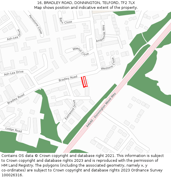 16, BRADLEY ROAD, DONNINGTON, TELFORD, TF2 7LX: Location map and indicative extent of plot