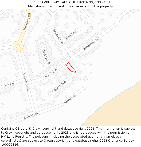 16, BRAMBLE WAY, FAIRLIGHT, HASTINGS, TN35 4BH: Location map and indicative extent of plot