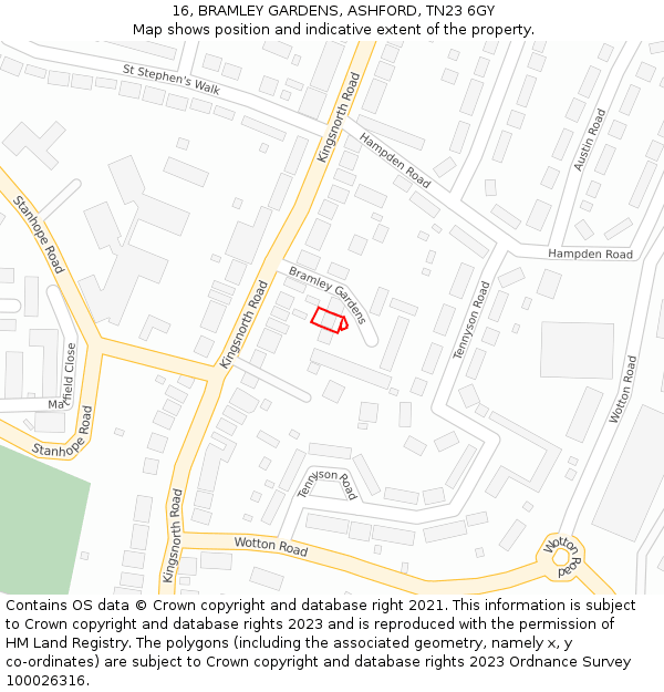 16, BRAMLEY GARDENS, ASHFORD, TN23 6GY: Location map and indicative extent of plot