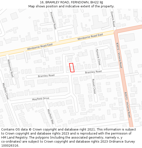 16, BRAMLEY ROAD, FERNDOWN, BH22 9JJ: Location map and indicative extent of plot