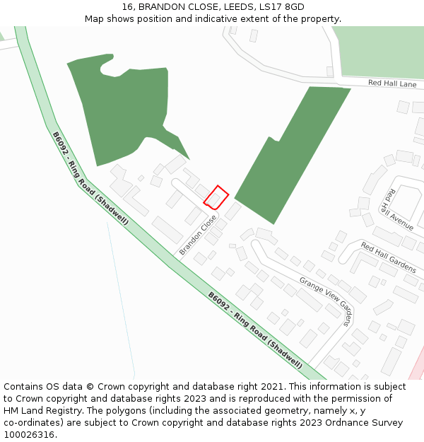 16, BRANDON CLOSE, LEEDS, LS17 8GD: Location map and indicative extent of plot