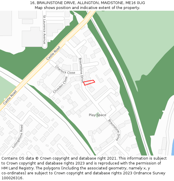 16, BRAUNSTONE DRIVE, ALLINGTON, MAIDSTONE, ME16 0UG: Location map and indicative extent of plot