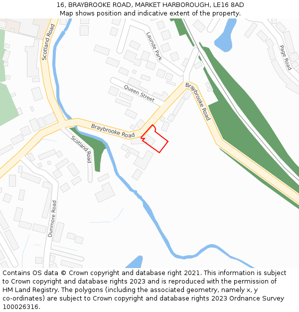 16, BRAYBROOKE ROAD, MARKET HARBOROUGH, LE16 8AD: Location map and indicative extent of plot