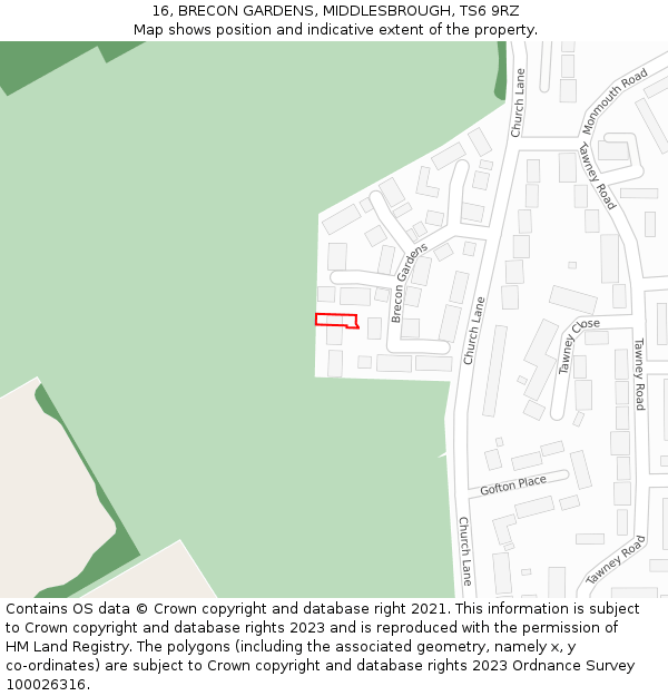 16, BRECON GARDENS, MIDDLESBROUGH, TS6 9RZ: Location map and indicative extent of plot