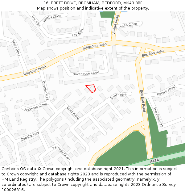 16, BRETT DRIVE, BROMHAM, BEDFORD, MK43 8RF: Location map and indicative extent of plot
