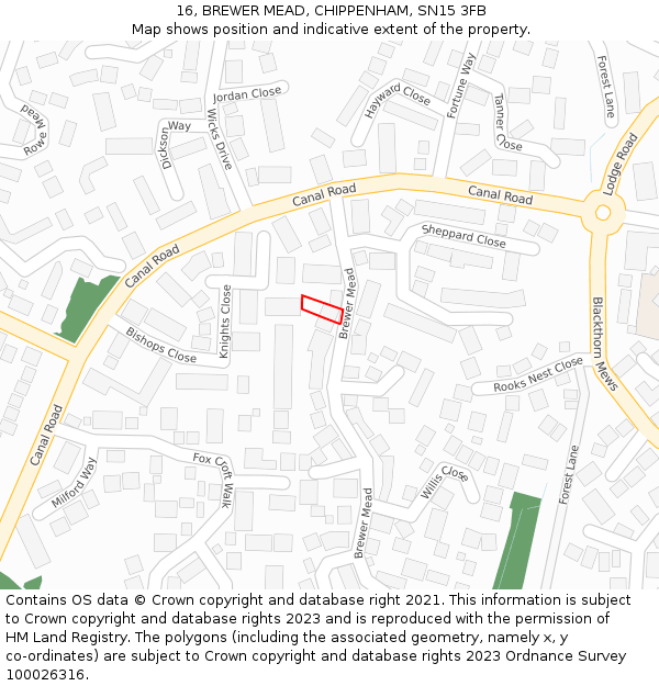 16, BREWER MEAD, CHIPPENHAM, SN15 3FB: Location map and indicative extent of plot