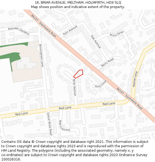 16, BRIAR AVENUE, MELTHAM, HOLMFIRTH, HD9 5LQ: Location map and indicative extent of plot