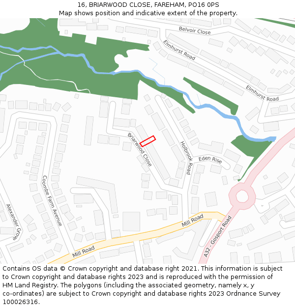 16, BRIARWOOD CLOSE, FAREHAM, PO16 0PS: Location map and indicative extent of plot