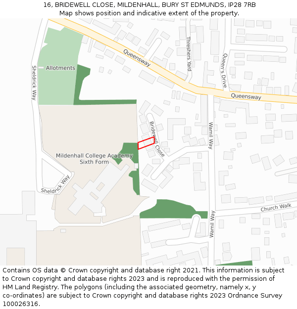 16, BRIDEWELL CLOSE, MILDENHALL, BURY ST EDMUNDS, IP28 7RB: Location map and indicative extent of plot