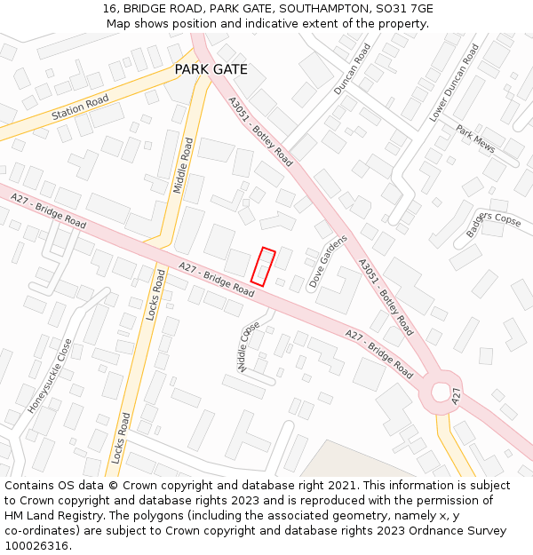 16, BRIDGE ROAD, PARK GATE, SOUTHAMPTON, SO31 7GE: Location map and indicative extent of plot