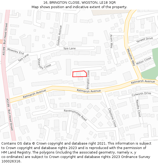 16, BRINGTON CLOSE, WIGSTON, LE18 3QR: Location map and indicative extent of plot