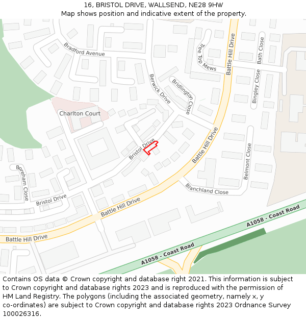 16, BRISTOL DRIVE, WALLSEND, NE28 9HW: Location map and indicative extent of plot