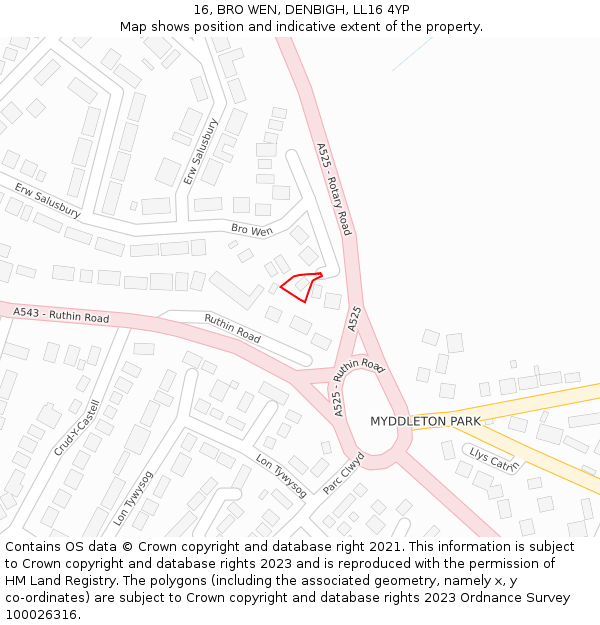 16, BRO WEN, DENBIGH, LL16 4YP: Location map and indicative extent of plot