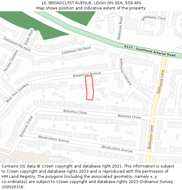 16, BROADCLYST AVENUE, LEIGH-ON-SEA, SS9 4PX: Location map and indicative extent of plot