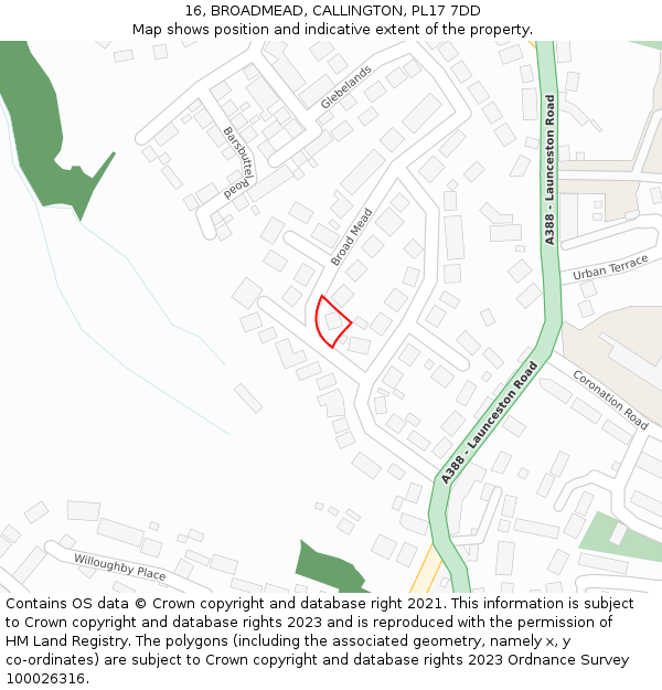 16, BROADMEAD, CALLINGTON, PL17 7DD: Location map and indicative extent of plot