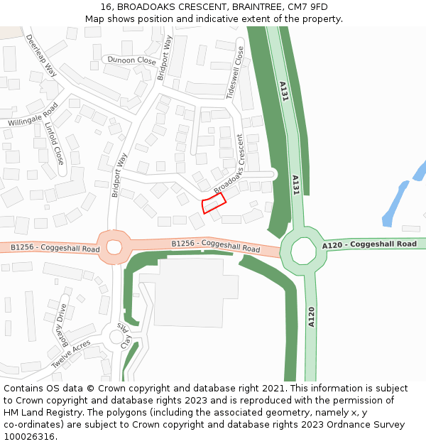 16, BROADOAKS CRESCENT, BRAINTREE, CM7 9FD: Location map and indicative extent of plot