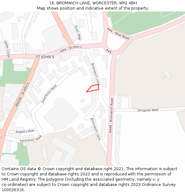 16, BROMWICH LANE, WORCESTER, WR2 4BH: Location map and indicative extent of plot