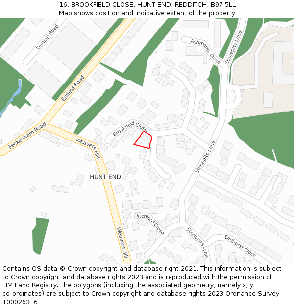 16, BROOKFIELD CLOSE, HUNT END, REDDITCH, B97 5LL: Location map and indicative extent of plot