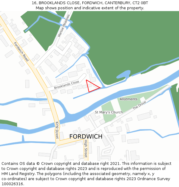 16, BROOKLANDS CLOSE, FORDWICH, CANTERBURY, CT2 0BT: Location map and indicative extent of plot