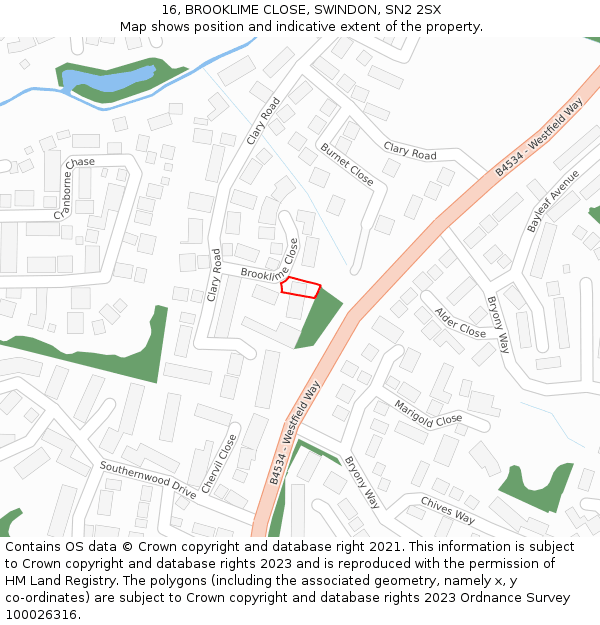 16, BROOKLIME CLOSE, SWINDON, SN2 2SX: Location map and indicative extent of plot