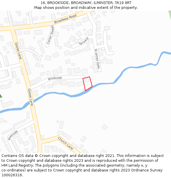 16, BROOKSIDE, BROADWAY, ILMINSTER, TA19 9RT: Location map and indicative extent of plot