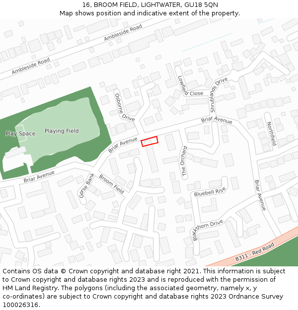 16, BROOM FIELD, LIGHTWATER, GU18 5QN: Location map and indicative extent of plot