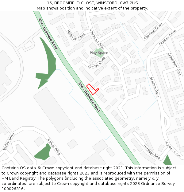16, BROOMFIELD CLOSE, WINSFORD, CW7 2US: Location map and indicative extent of plot