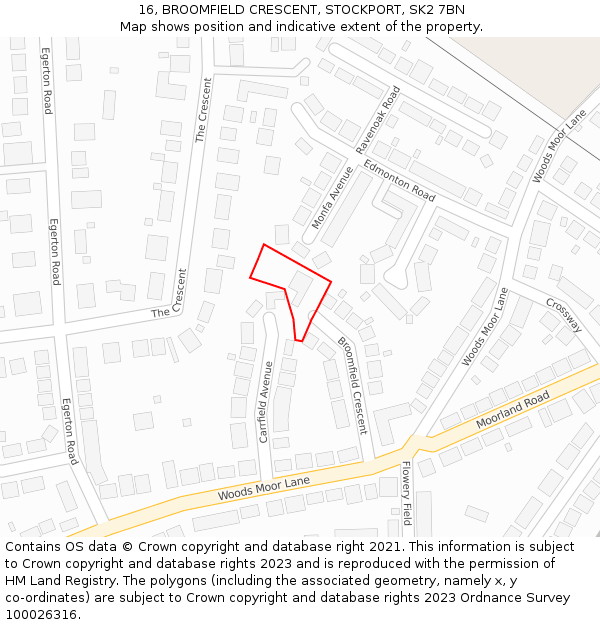 16, BROOMFIELD CRESCENT, STOCKPORT, SK2 7BN: Location map and indicative extent of plot