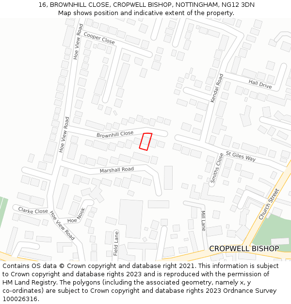 16, BROWNHILL CLOSE, CROPWELL BISHOP, NOTTINGHAM, NG12 3DN: Location map and indicative extent of plot