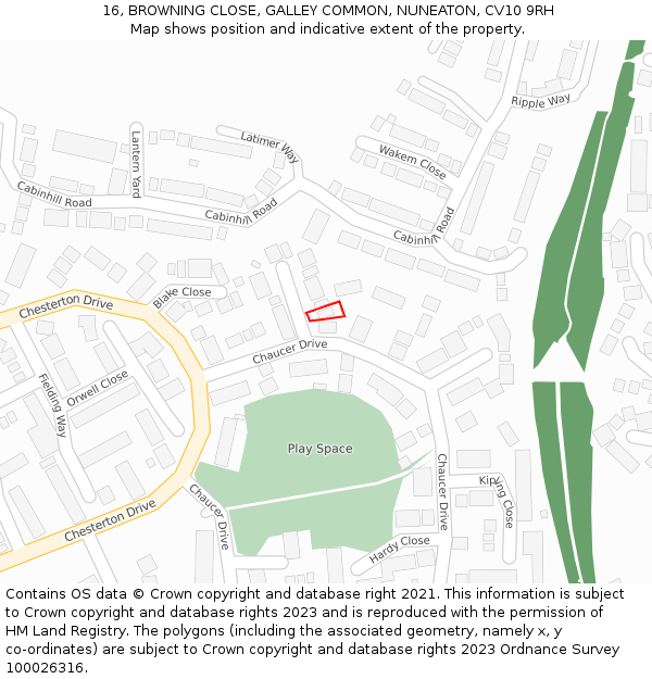 16, BROWNING CLOSE, GALLEY COMMON, NUNEATON, CV10 9RH: Location map and indicative extent of plot