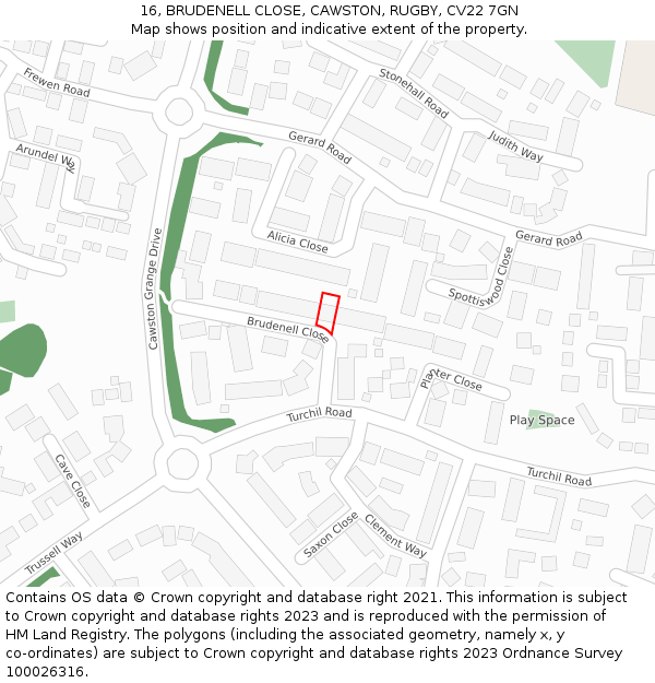 16, BRUDENELL CLOSE, CAWSTON, RUGBY, CV22 7GN: Location map and indicative extent of plot
