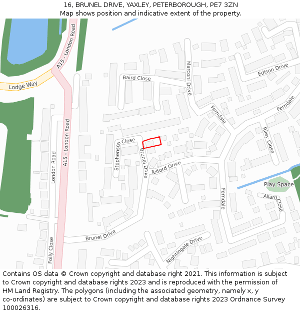 16, BRUNEL DRIVE, YAXLEY, PETERBOROUGH, PE7 3ZN: Location map and indicative extent of plot