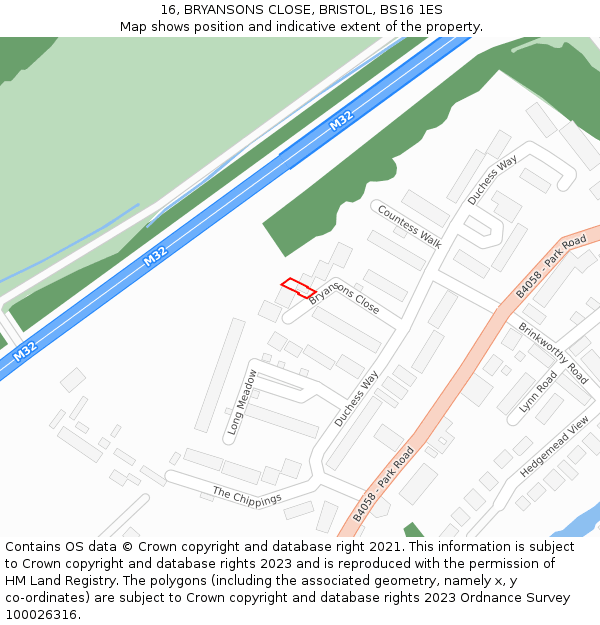 16, BRYANSONS CLOSE, BRISTOL, BS16 1ES: Location map and indicative extent of plot